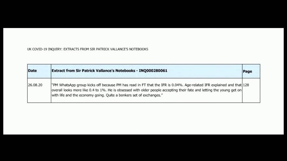Boris Johnson was shown extracts from former Government chief scientific adviser Sir Patrick Vallance’s diaries which described Mr Johnson saying the Government should “let it rip” (the virus) through the population among other abhorrent comments (supplied)