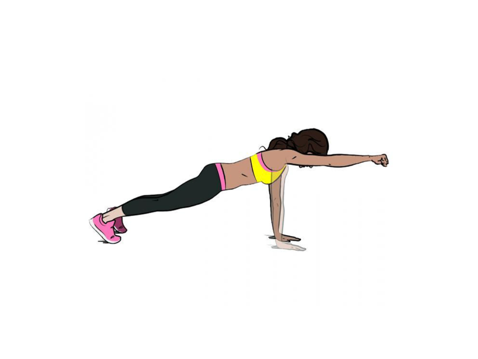 <p><strong>1/ </strong>Assume the plank position.</p><p><strong>2/ </strong>Raise your right arm and punch out straight. Lower and repeat on the other side.</p>