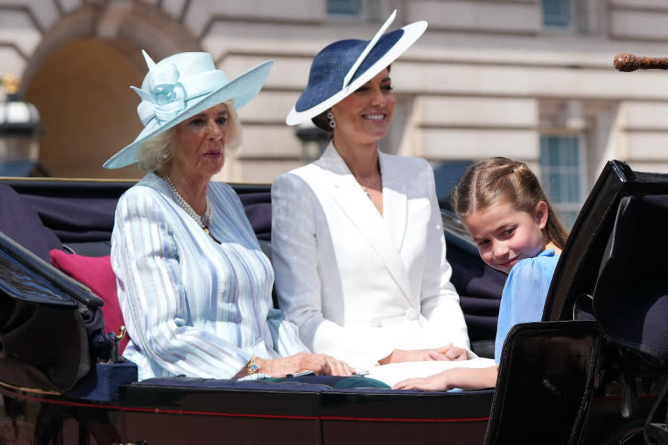 Kate Middleton attends the Trooping the Colour parade during The Queen’s Platinum Jubilee celebration with Camilla, Duchess of Cornwall, Prince George, Princess Charlotte and Prince Louis at Buckingham Palace on June 2, 2022. - Credit: James Whatling / MEGA