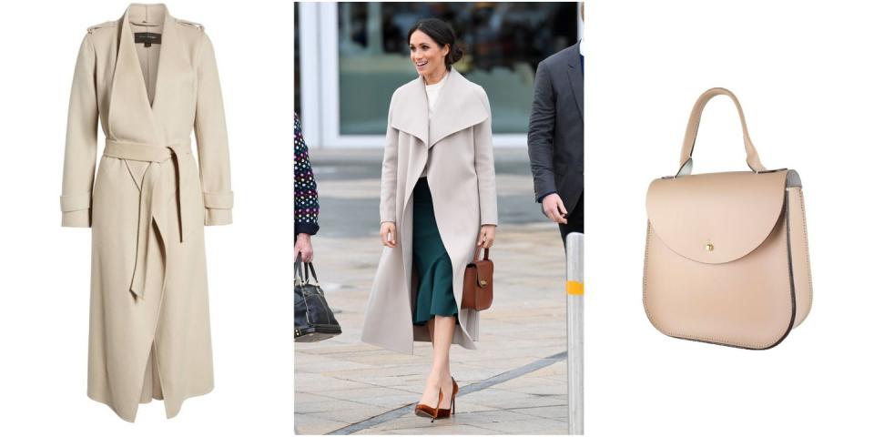 <p>For the trip, Markle is rumoured to have teamed a <a rel="nofollow noopener" href="https://shop.nordstrom.com/s/mackage-double-face-front-drape-wool-coat/4870274" target="_blank" data-ylk="slk:Double-Face Front Drape Wool Coat by Mackage;elm:context_link;itc:0;sec:content-canvas" class="link ">Double-Face Front Drape Wool Coat by Mackage</a>, with a green skirt by <a rel="nofollow noopener" href="https://gretaconstantine.com/index.html" target="_blank" data-ylk="slk:Greta Constantine;elm:context_link;itc:0;sec:content-canvas" class="link ">Greta Constantine</a>, which we have a sneaking suspicion was a nod to the famous colour of the Emerald Isle.</p><p>To layer up against the cold, she paired the look with a cream cashmere sweater by Victoria Beckham (similar <a rel="nofollow noopener" href="https://www.harrods.com/en-gb/victoria-beckham/cashmere-sweater-p000000000005873768?ranMID=36666&ranEAID=Hy3bqNL2jtQ&ranSiteID=Hy3bqNL2jtQ-ZhVAkd0bZbQRUrCa1ccmEA&cid=LS&utm_source=Affiliate&utm_medium=RakutenAffiliate&utm_campaign=Hy3bqNL2jtQ&utm_content=10&siteID=Hy3bqNL2jtQ-ZhVAkd0bZbQRUrCa1ccmEA" target="_blank" data-ylk="slk:here;elm:context_link;itc:0;sec:content-canvas" class="link ">here</a>).</p><p>The former actress also carried a <a rel="nofollow noopener" href="https://www.charlottelizabeth.com/collections/the-bloomsburys" target="_blank" data-ylk="slk:Bloomsbury's bag;elm:context_link;itc:0;sec:content-canvas" class="link ">Bloomsbury's bag</a> from young British designer Charlotte Elizabeth - currently sold out but Ice Coffee colour available <a rel="nofollow noopener" href="https://www.charlottelizabeth.com/collections/the-bloomsburys/products/the-iced-latte-bloomsbury" target="_blank" data-ylk="slk:here;elm:context_link;itc:0;sec:content-canvas" class="link ">here</a> - and wore Manolo Blahnik suede pumps (similar available <a rel="nofollow noopener" href="https://www.harrods.com/en-gb/manolo-blahnik/suede-bb-pumps-105-p000000000003487182?bcid=1468336489856" target="_blank" data-ylk="slk:here;elm:context_link;itc:0;sec:content-canvas" class="link ">here</a>).</p>