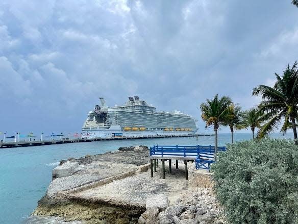 symphony of the seas ship stationed in the water at CocoCay, private island