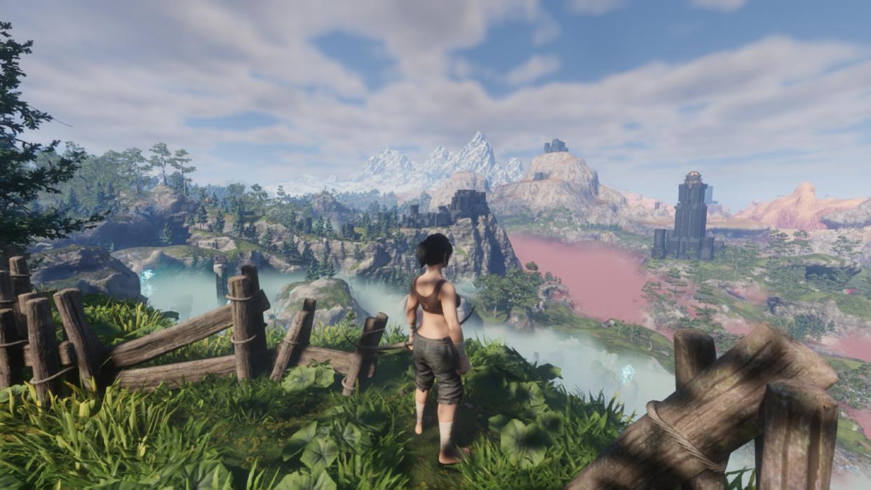  Enshrouded fast travel - a player loooks out over a vast landscape with mountains and forests in the distance. 