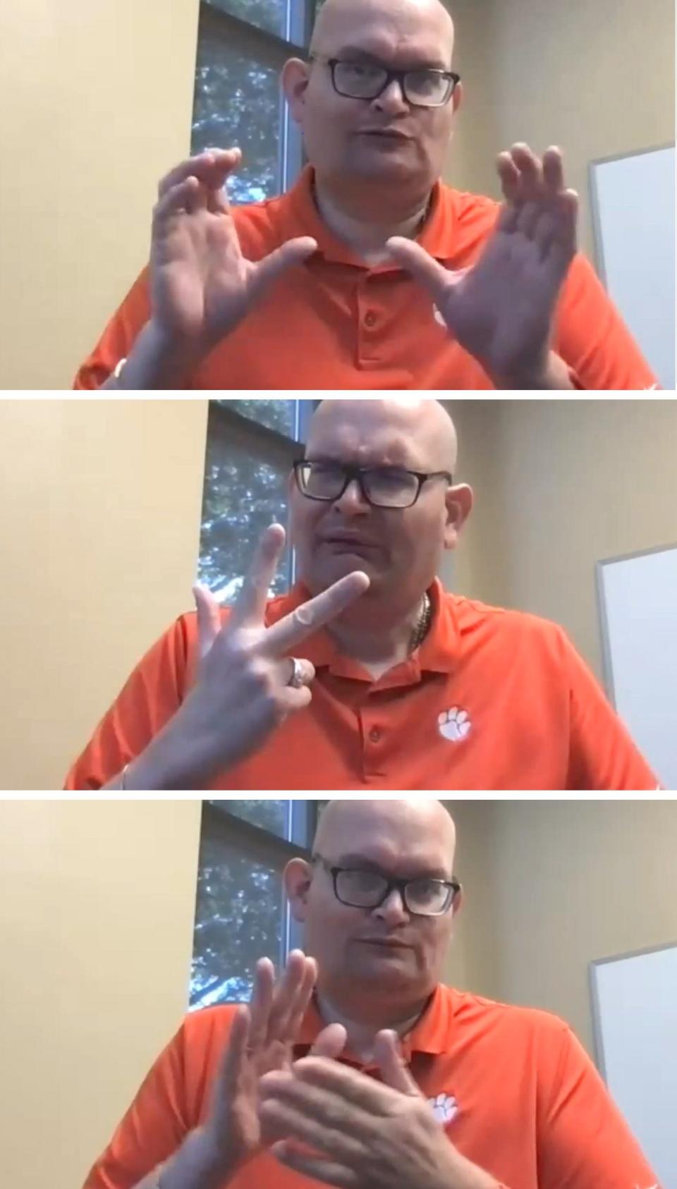 Clemson ASL professor Jason Hurdich during a Zoom interview, Oct. 10, 2023. The intervew was conducted through a translator provided by the Video Relay Service network.