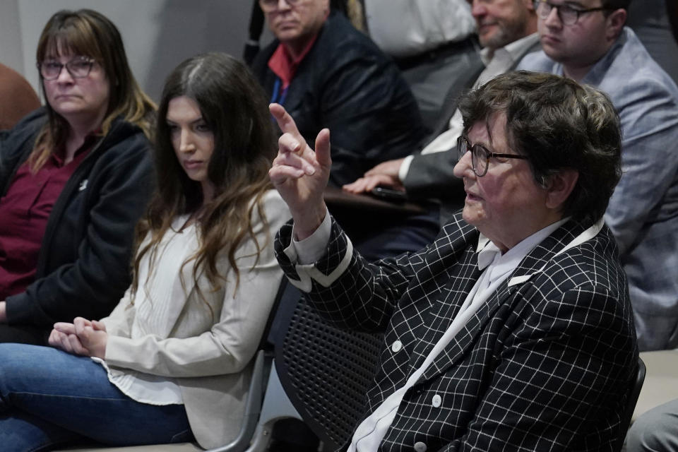 Death penalty opponent Sister Helen Prejean, right, gestures as she answers a question during a news conference concerning continued attempts to halt the execution of Richard Glossip, Thursday, May 4, 2023, in Oklahoma City. At left is Sue Hosch, an advocate with the Oklahoma Coalition to Abolish the Death Penalty. At center is Lea Glossip, wife of Richard Glossip. (AP Photo/Sue Ogrocki)