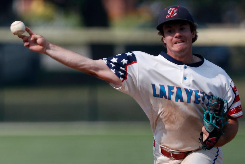 Lafayette Post 11 Tanner Turnpaugh (6) pitches during the American Legion baseball state final against Rockport Post 254, Tuesday, July 25, 2023, at Highland Park in Kokomo, Ind. Lafayette Post 11 won 13-4.
