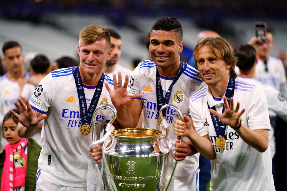 Casemiro, centre, has won the Champions League five times with Real Madrid (Adam Davy/PA) (PA Wire)