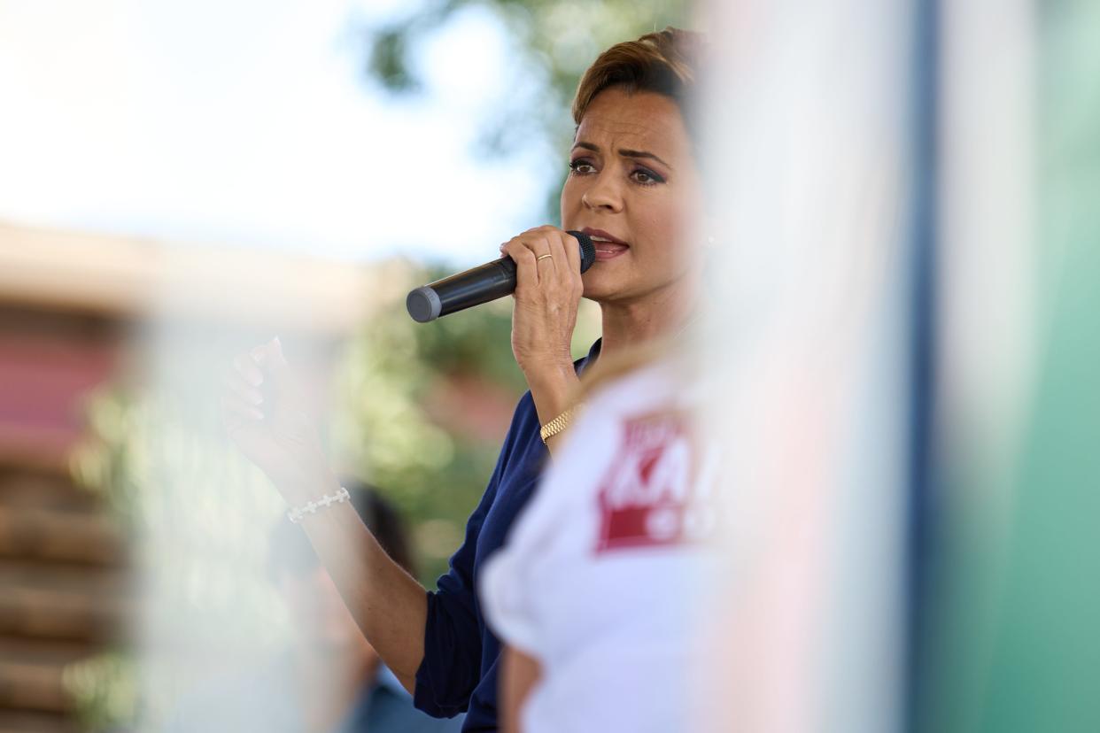 Gubernatorial candidate Kari Lake speaks during the Turning Point Action event at South Mountain Pavilion at Tumbleweed Park in Chandler on Aug. 27, 2022.