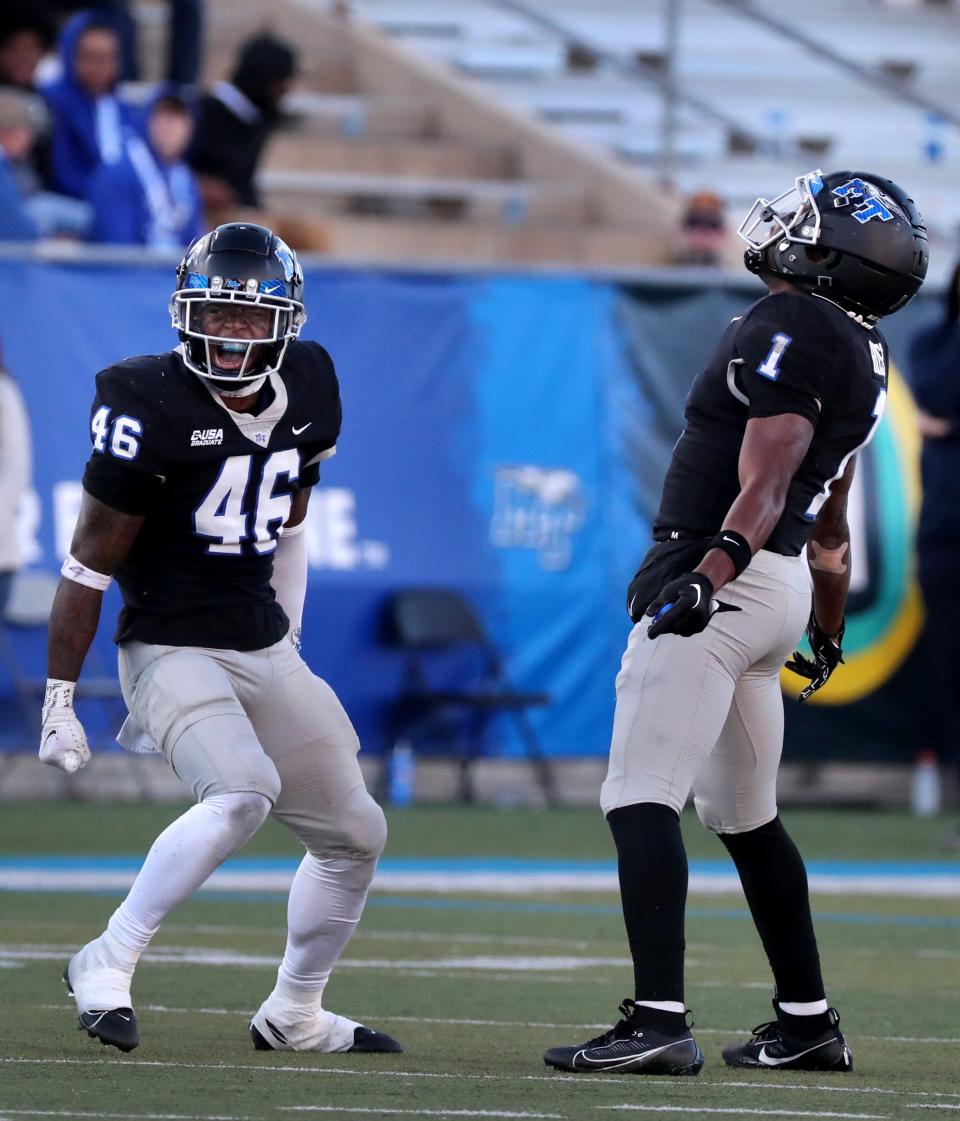 Middle Tennessee safety Marvae Myers (46) celebrates an interception against UTEP with Middle Tennessee cornerback Teldrick Ross (1) during the football game in Johnny “Red” Floyd Stadium at MTSU in Murfreesboro, Tenn. on Saturday, Nov 18, 2023.