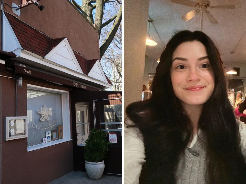 Side-by-side photos of the author and the outside of Casa Enrique.