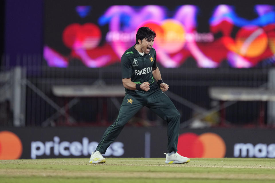 Pakistan's Mohammad Wasim celebrates the wicket of South Africa's Heinrich Klaasen during the ICC Men's Cricket World Cup match between Pakistan and South Africa in Chennai, India, Friday, Oct. 27, 2023. (AP Photo/Ajit Solanki)