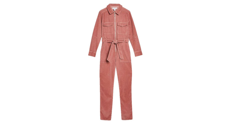 <p>Boiler suits are still very much on-trend and this corduroy number from Topshop will give you years of wear. It also comes in black, if you’re not sure about the pink. It’s currently in the sale so move quickly… <a rel="nofollow noopener" href="http://www.topshop.com/en/tsuk/product/clothing-427/playsuits-jumpsuits-2159081/pink-corduroy-boiler-suit-8358945" target="_blank" data-ylk="slk:Shop now.;elm:context_link;itc:0;sec:content-canvas" class="link "><em>Shop now.</em></a> </p>
