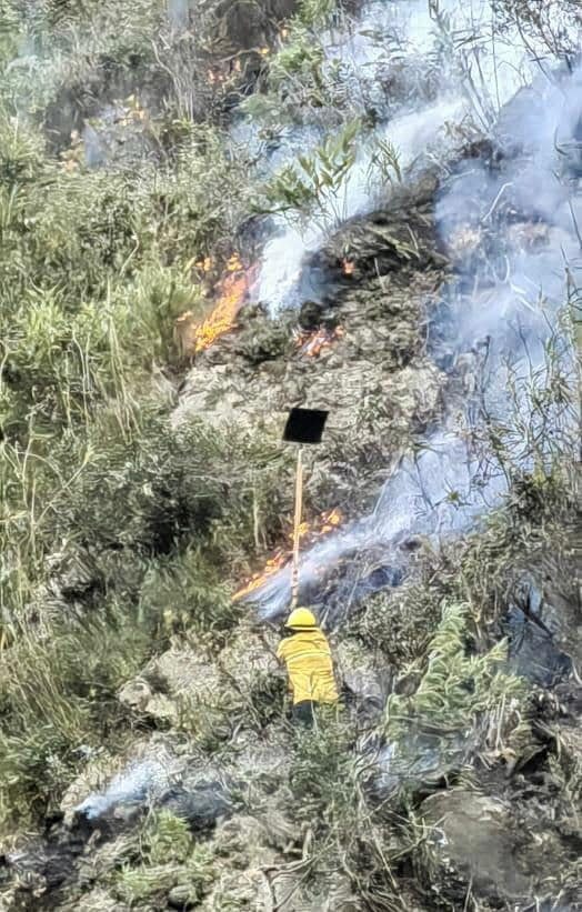 An emergency personnel worker puts out a forest fire in Machu Picchu, Peru, in this image released on June 29, 2022.