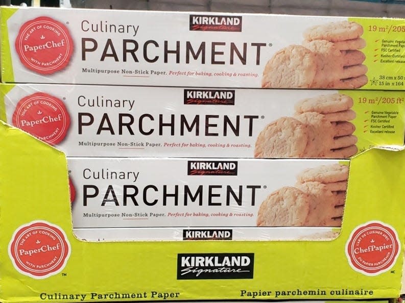 green and white package of kirkland's parchment paper at costco