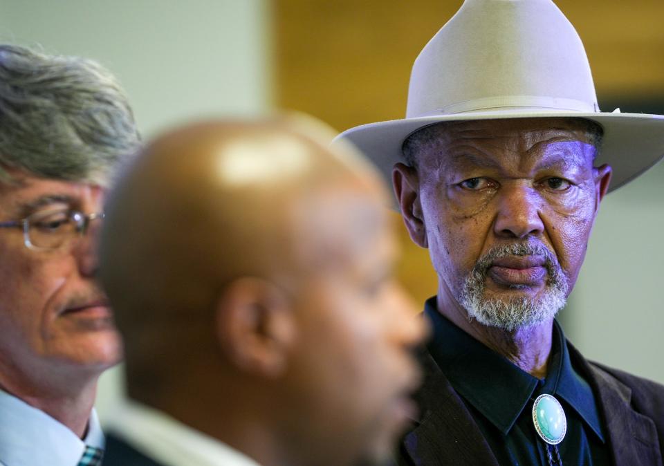 Brian Evans, president-elect of the Texas Conference of the American Association of University Professors, listens during the news conference. He said UT's now-shuttered Campus and Community Engagement Division did not run DEI-related functions and was fully compliant with SB 17.