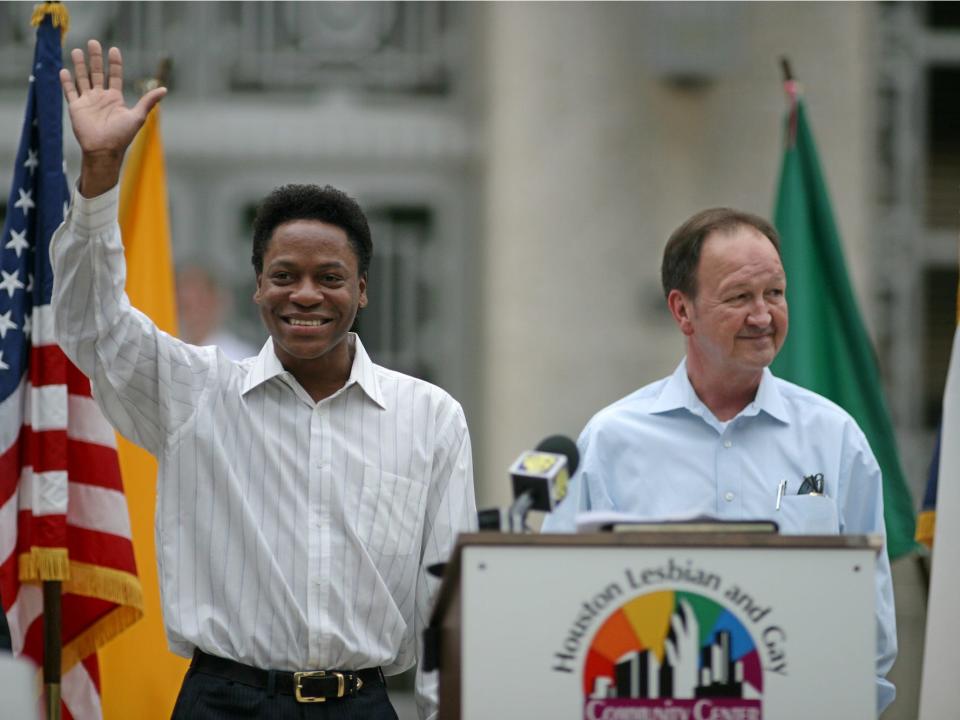 John Lawrence and Tyron Garner celebrate their court victory in Houston in 2003.