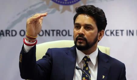 Anurag Thakur, newly-elected president of Board of Control for Cricket in India (BCCI), gestures during a news conference in Mumbai, India, May 22, 2016. REUTERS/Shailesh Andrade/Files