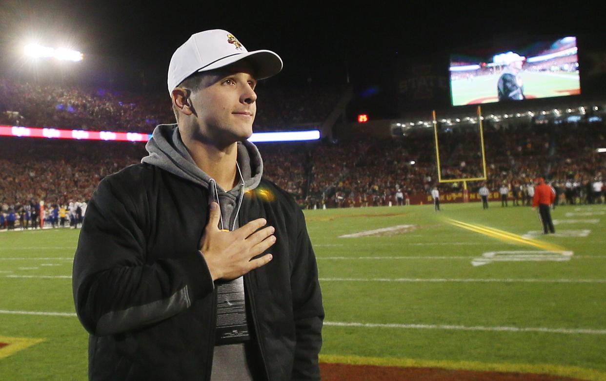 San Francisco 49ers quarterback Brock Purdy, a former Cyclones star, waves to the crowd after being introduced during the Iowa State vs. Kansas game at Jack Trice Stadium on Nov. 4 in Ames.