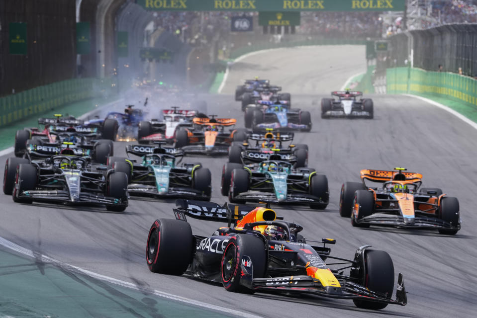 Red Bull driver Max Verstappen of the Netherlands, front, steers his car during the Brazilian Formula One Grand Prix at the Interlagos race track in Sao Paulo, Brazil, Sunday, Nov. 5, 2023. (AP Photo/Andre Penner)