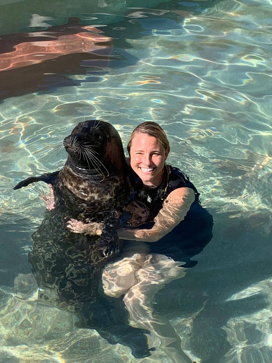Former Seaquarium veterinarian Dr. Jenna Wallace with one of the marine park’s harbor seals.