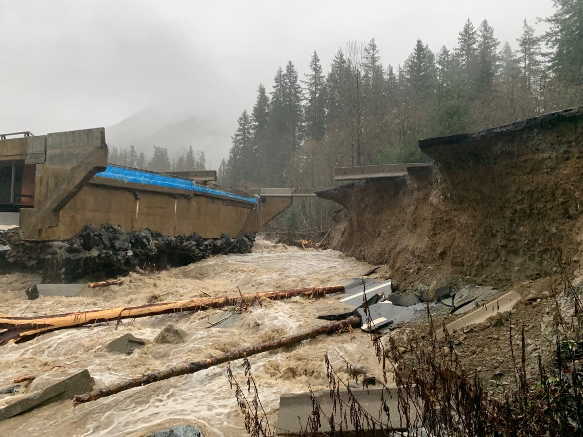 Parts of the Coquihalla Highway were washed away in heavy rains near the Caroline Mine area close to Hope, B.C. Nov. 15, 2021. (Submitted by Jeremiah Steberl - image credit)