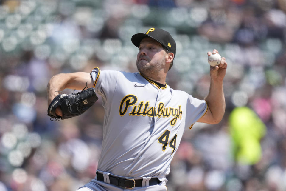 Pittsburgh Pirates starting pitcher Rich Hill throws during the first inning of a baseball game against the Detroit Tigers, Wednesday, May 17, 2023, in Detroit. (AP Photo/Carlos Osorio)