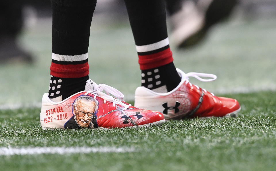 Atlanta Falcons wide receiver Mohamed Sanu’s spectacular cleats honoring the late Stan Lee. (AP)