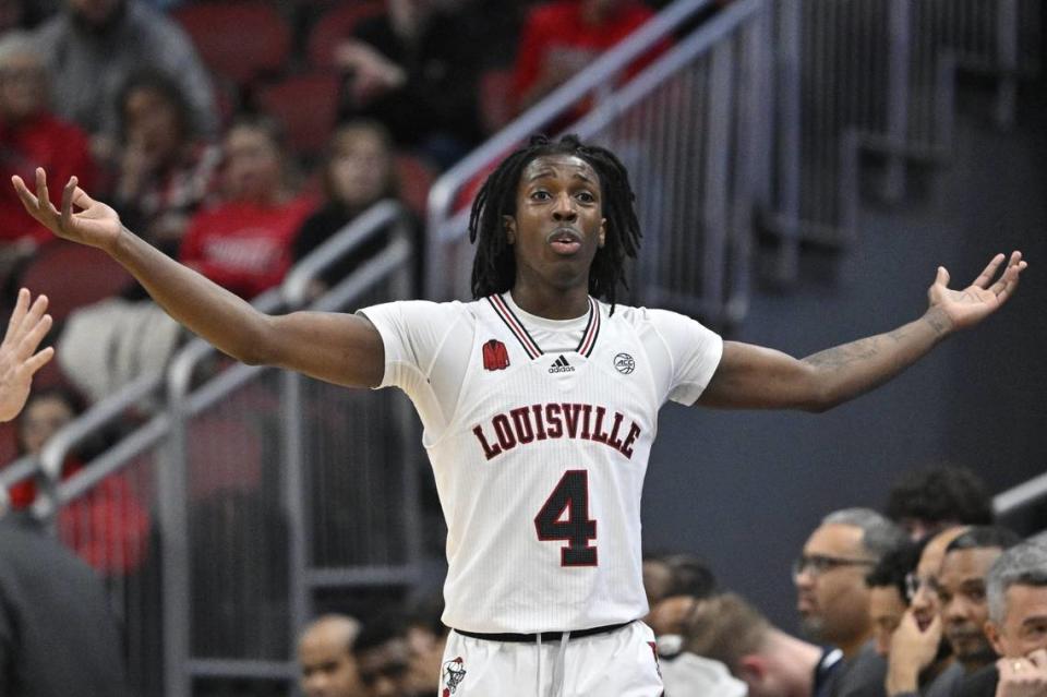 Louisville Cardinals guard Ty-Laur Johnson (4) reacts after picking up a foul during the second half against the Virginia Cavaliers at KFC Yum! Center on Jan. 27, 2024. Virginia won 69-52. Jamie Rhodes-USA TODAY Sports