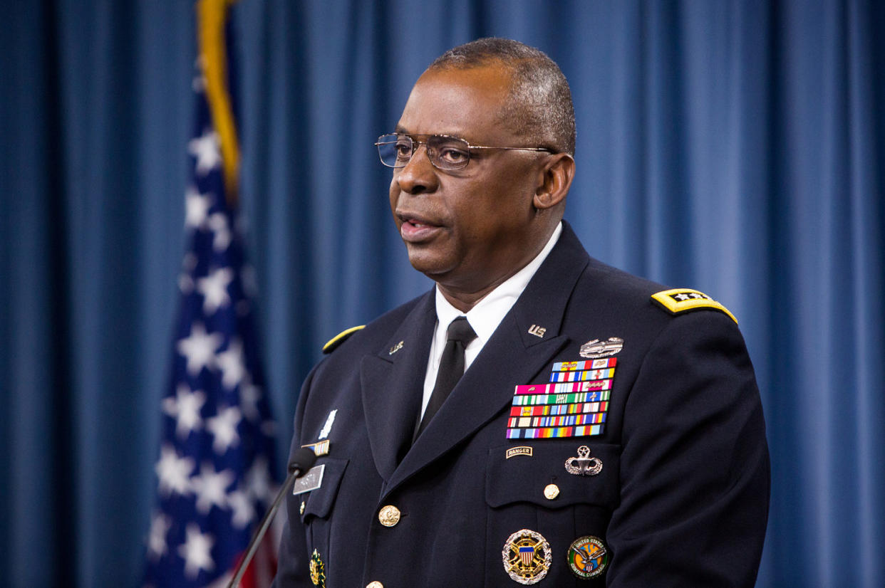 Gen. Lloyd Austin II holds a media briefing on Operation Inherent Resolve (Allison Shelley / Getty Images file)