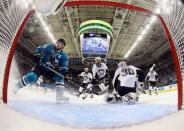 San Jose Sharks center Logan Couture (39) reacts after scoring a goal past Pittsburgh Penguins goalie Matt Murray (30) in the second period in game six of the 2016 Stanley Cup Final at SAP Center at San Jose. Mandatory Credit: Bruce Bennett/Pool Photo via USA TODAY Sports