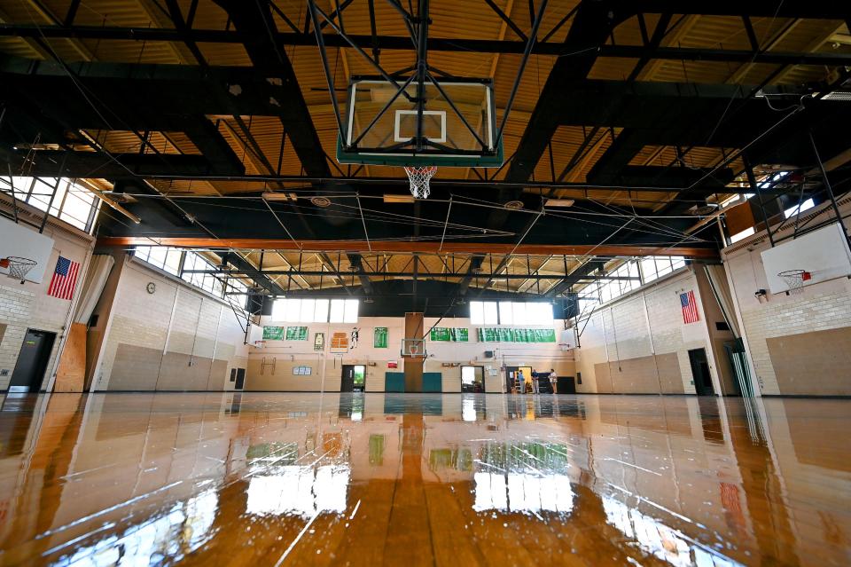 The newly refinished gym floor at Burncoat High School