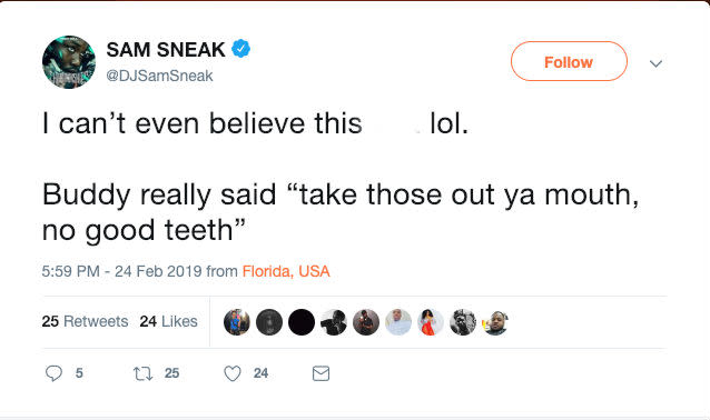 DJ Sam Sneak says a Miami venue kicked him out for having gold teeth (Screenshot: Sam Sneak via Twitter)