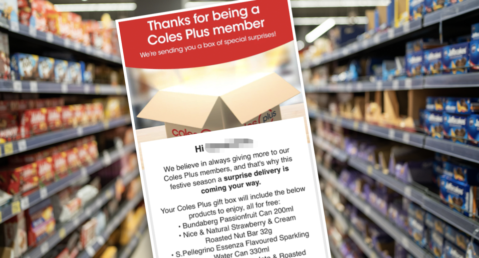 A Coles email overlayed on top of a supermarket aisle. 