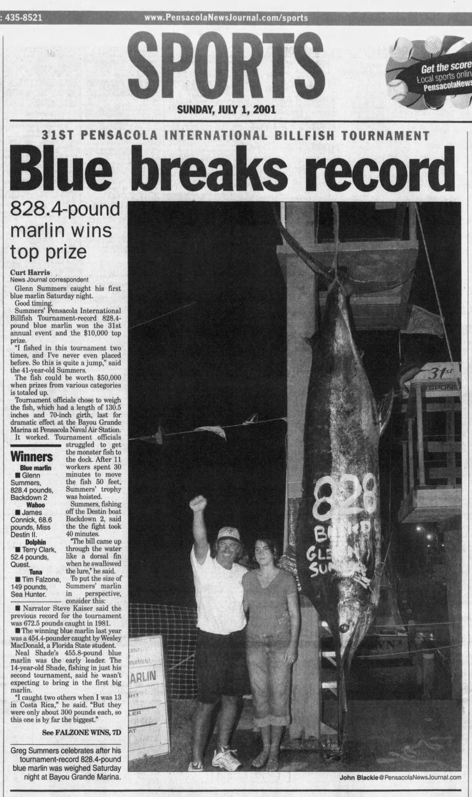 The Pensacola News Journal article about the record 828.4-pound blue marlin caught by angler Glenn Summers and boat captain Gary Jarvis during the 2001 Pensacola International Billfish Tournament. A life-size replica of this fish is displayed at the new Slick Lips Seafood & Oyster House restaurant on Palafox Place in downtown Pensacola.