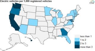 U.S. electric-car registrations per 1,000 cars. Graphic by U.S. Energy Information Administration.