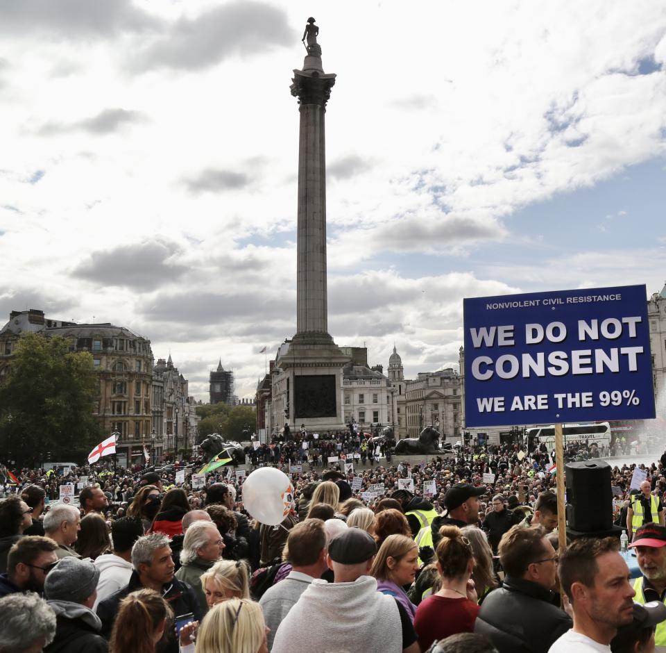 LONDON, UNITED KINGDOM - SEPTEMBER 26: Members of StandUpX, a community of people protesting vaccination and coronavirus (Covid-19) measures, gather at Trafalgar Square during a mass rally against wearing mask, taking test and government restrictions imposed to fight the spread of coronavirus (Covid-19) pandemic, in London, United Kingdom on September 26, 2020. (Photo by Hasan Esen/Anadolu Agency via Getty Images)