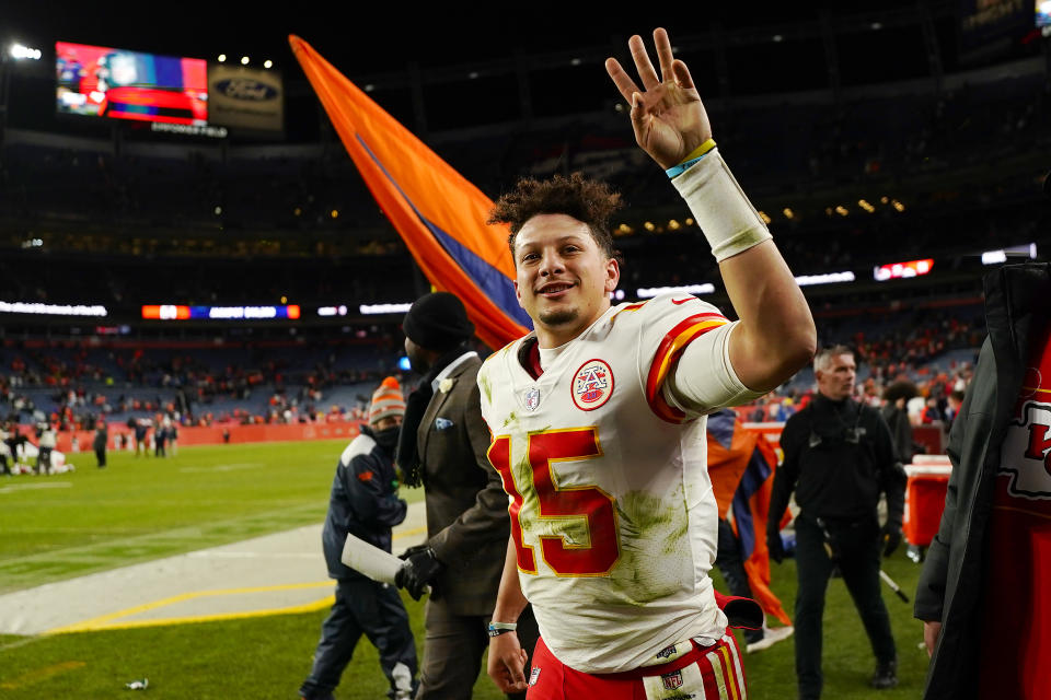 FILE - Kansas City Chiefs quarterback Patrick Mahomes (15) waves after the Chiefs defeated the Denver Broncos in an NFL football game Saturday, Jan. 8, 2022, in Denver. The Super Bowl champion Kansas City Chiefs will host the Detroit Lions on Sept. 7 to kick off the 2023 NFL season. And NFL fans will get their first look at star quarterback Aaron Rodgers in a Jets uniform when New York faces the Buffalo Bills on “Monday Night Football” on Sept. 11. That's according to early details released Thursday, May 11, 2023, on this year’s NFL schedule. (AP Photo/Jack Dempsey, File)