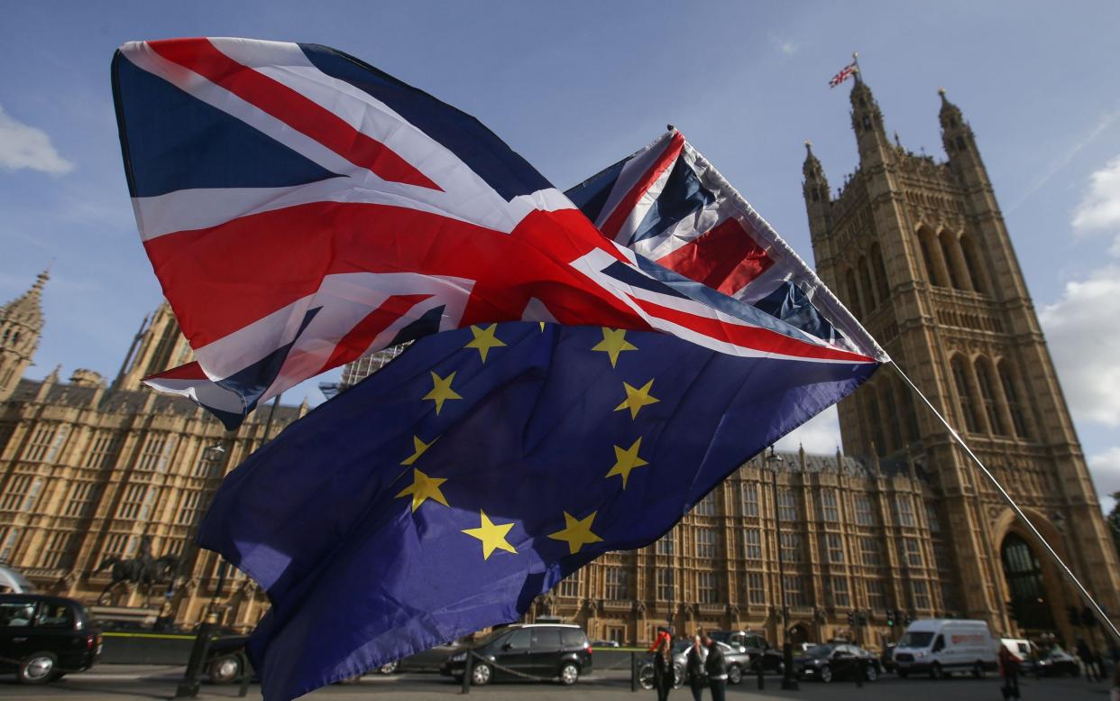 Demostrators flying a Union flag and an EU flag outside the Houses of Parliament - AFP