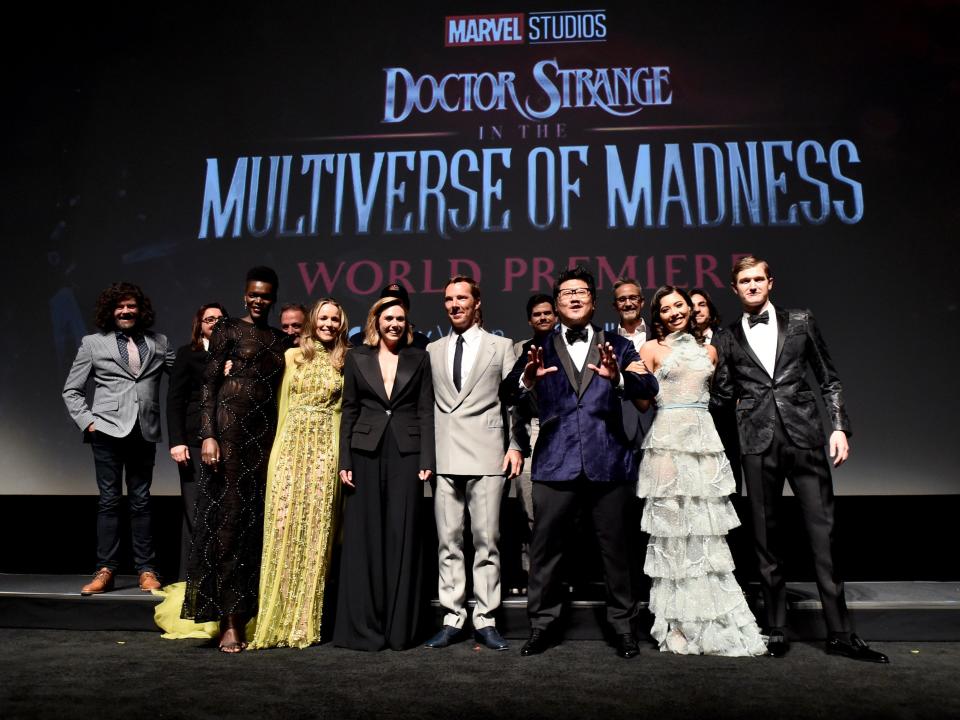 (L-R) Eric Hauserman Carroll, Victoria Alonso, Sheila Atim, Louis D'Esposito, Rachel McAdams, Elizabeth Olsen, Benedict Cumberbatch, Michael Waldron, Benedict Wong, Mitchell Bell, Xochitl Gomez and Adam Hugill attend the Doctor Strange in the Multiverse of Madness World Premiere at Dolby Theatre in Hollywood, California on May 02, 2022.