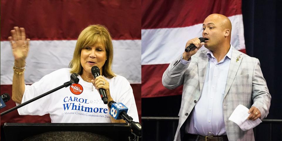 Carol Whitmore and Jason Bearden speak at a GOP rally held at Robarts Arena in Sarasota in July.