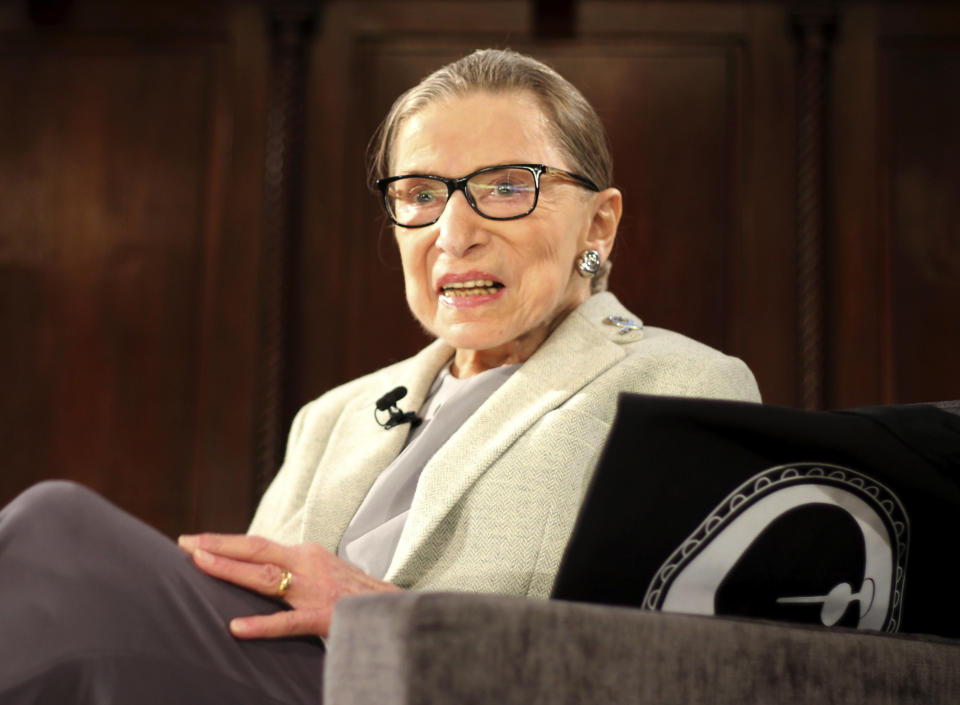 FILE - In this Dec. 15, 2018 file photo, Supreme Court Justice Ruth Bader Ginsburg appears at an event organized by the Museum of the City of New York with WNET-TV held at the New York Academy of Medicine in New York. Filmmakers from the Oscar nominated "RBG" film have been collecting signatures and get-well notes from Hollywood A-listers to Supreme Court Justice Ruth Bader Ginsburg, who is recovering from lung cancer surgery. (AP Photo/Rebecca Gibian, File)