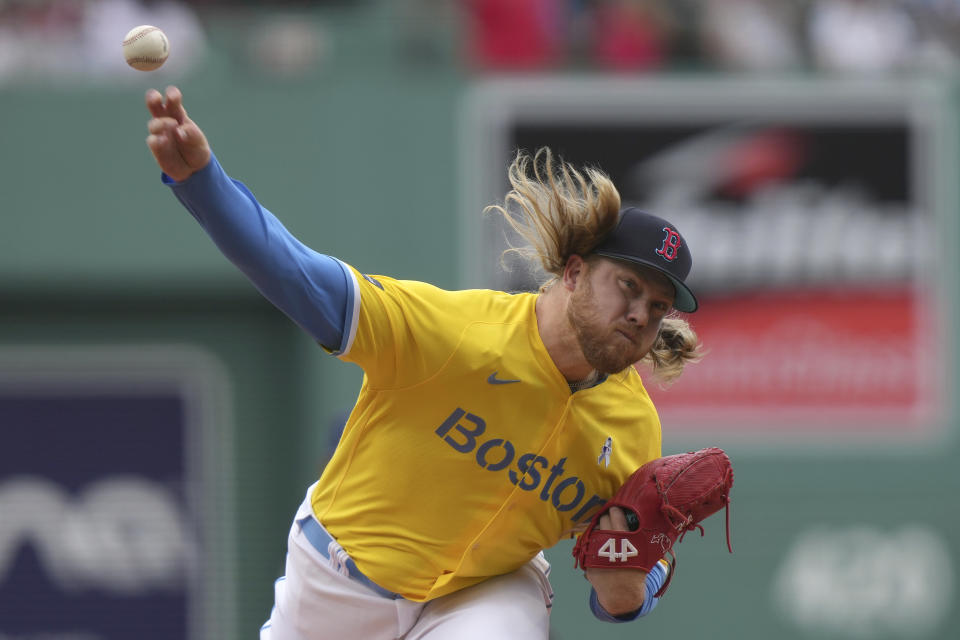 Boston Red Sox's Kaleb Ort delivers a pitch against a New York Yankees batter in the first inning of a baseball game, Sunday, June 18, 2023, in Boston. (AP Photo/Steven Senne)