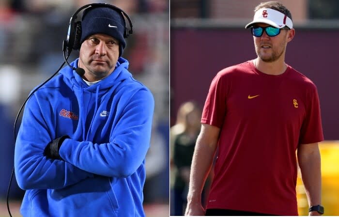 Mississippi coach Lane Kiffin, left; USC coach Lincoln Riley