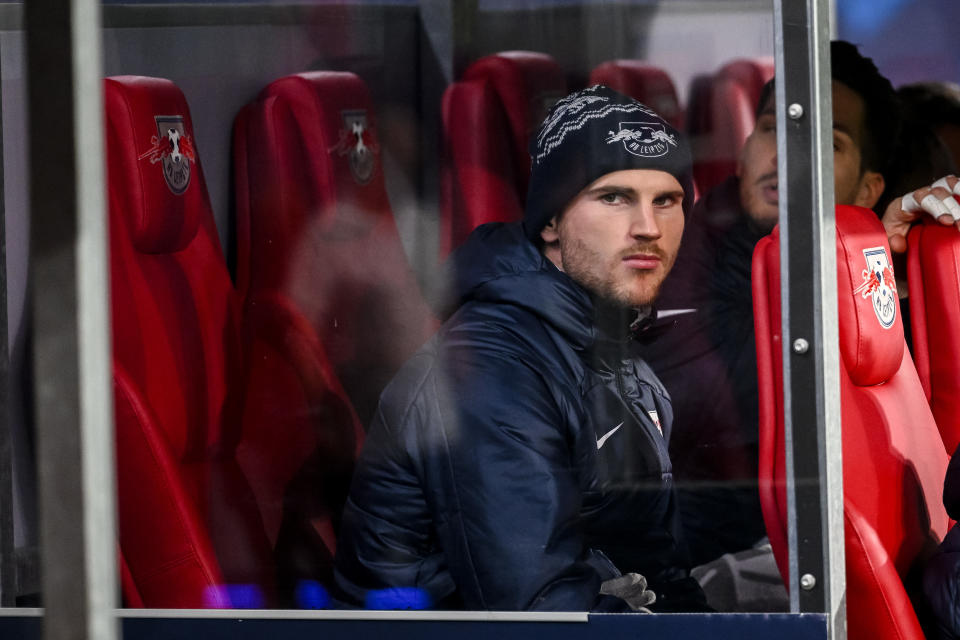 LEIPZIG, GERMANY - DECEMBER 13: Timo Werner of RB Leipzig looks dejected prior to the UEFA Champions League match between RB Leipzig and BSC Young Boys at Red Bull Arena on December 13, 2023 in Leipzig, Germany. (Photo by Harry Langer/DeFodi Images via Getty Images)