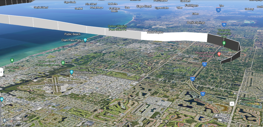 Screenshot of Google Earth interface overlayed with ADS-B data from FlightAware.