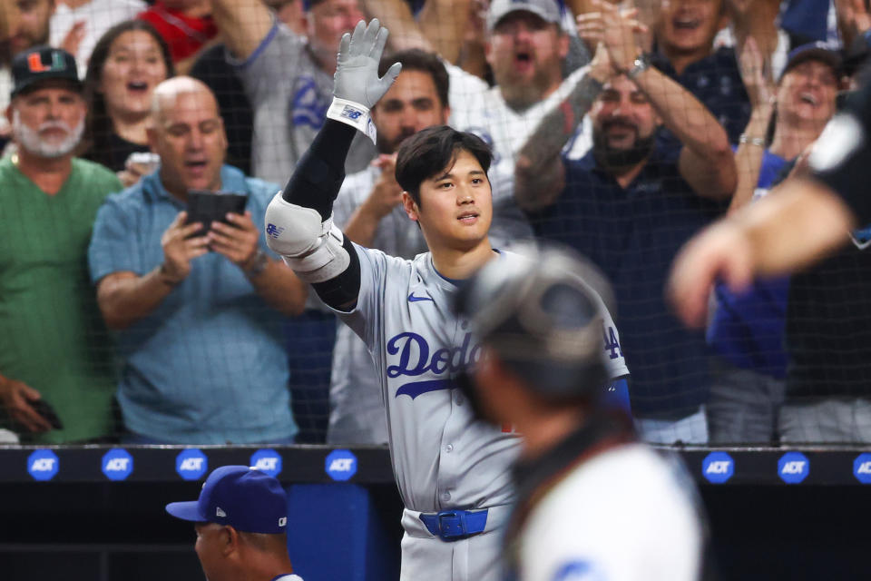 Shohei Ohtani receives applause in Miami after hitting his 50th home run of the season on Thursday. (Photo by Megan Briggs/Getty Images)