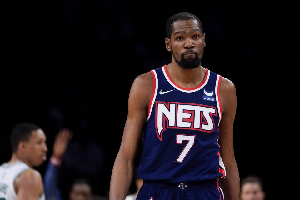 Brooklyn Nets forward Kevin Durant (7) reacts as his team trails during the second half of Game 4 of an NBA basketball first-round playoff series against the Boston Celtics, Monday, April 25, 2022, in New York. (AP Photo/John Minchillo)