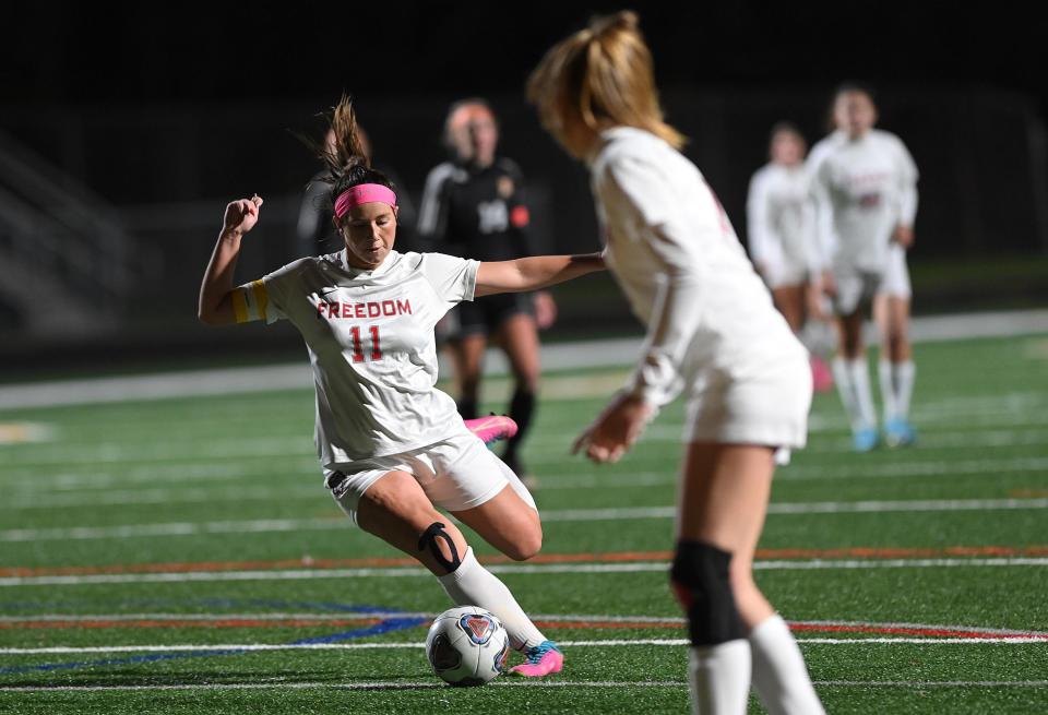 Freedom's Renae Mohrbacher scores her 4th goal of the night against Springdale during Wednesday night's WPIAL Class 1A consolation game at North Allegheny High School.
