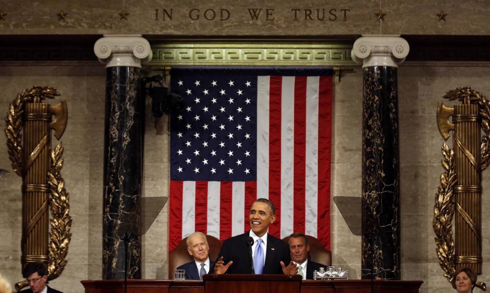 President Barack Obama delivers the State of Union address before a joint session of Congress in the House chamber Tuesday, Jan. 28, 2014, in Washington, as Vice President Joe Biden, and House Speaker John Boehner of Ohio, listen. (AP Photo/Larry Downing, Pool)