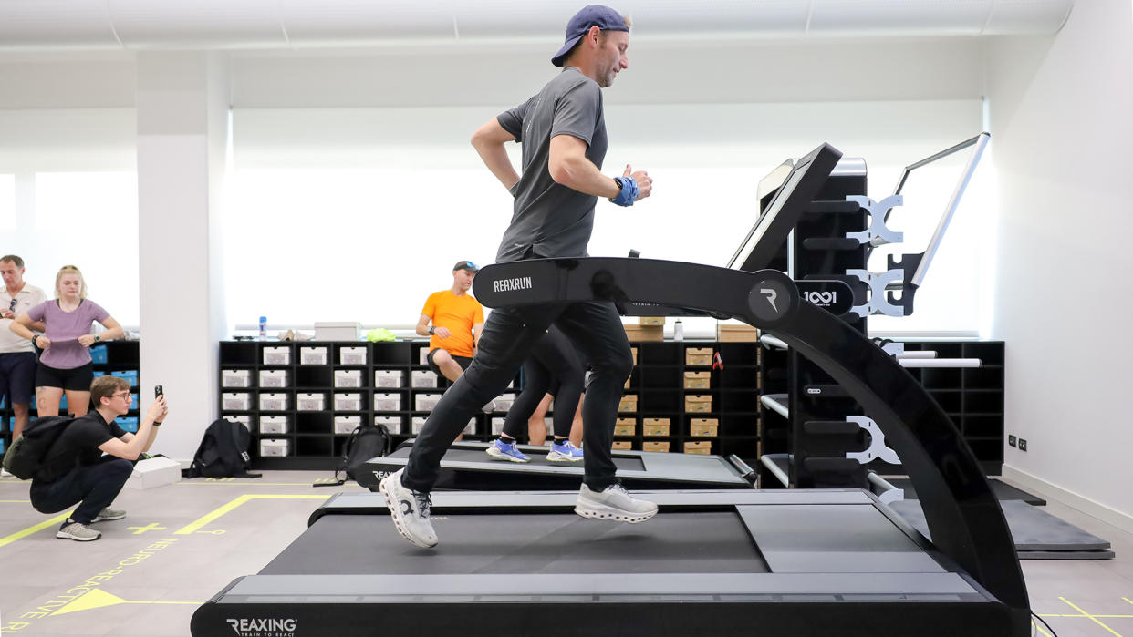  The author running on the world's first 3D-motion treadmill, the Reaxing Reax Run. 