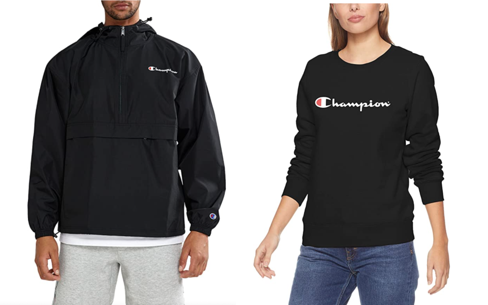 A men's windbreaker and women's pullover from Champion